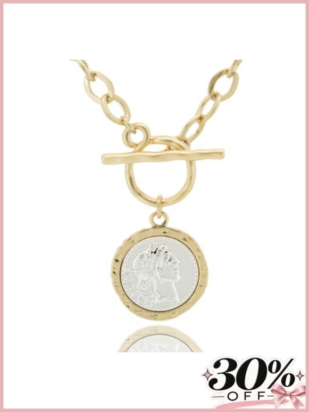 18K Gold Plated Chunky Coin Necklace, 18 Inch Toggle Chain, Vintage Statement